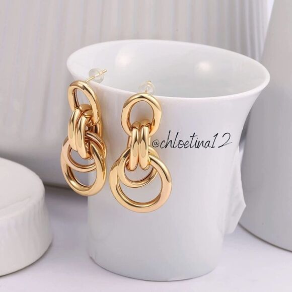 Gold Circle Drop UniqueEarrings Gold Dangle Earrings Gold Vintage Earrings - Picture 2 of 4